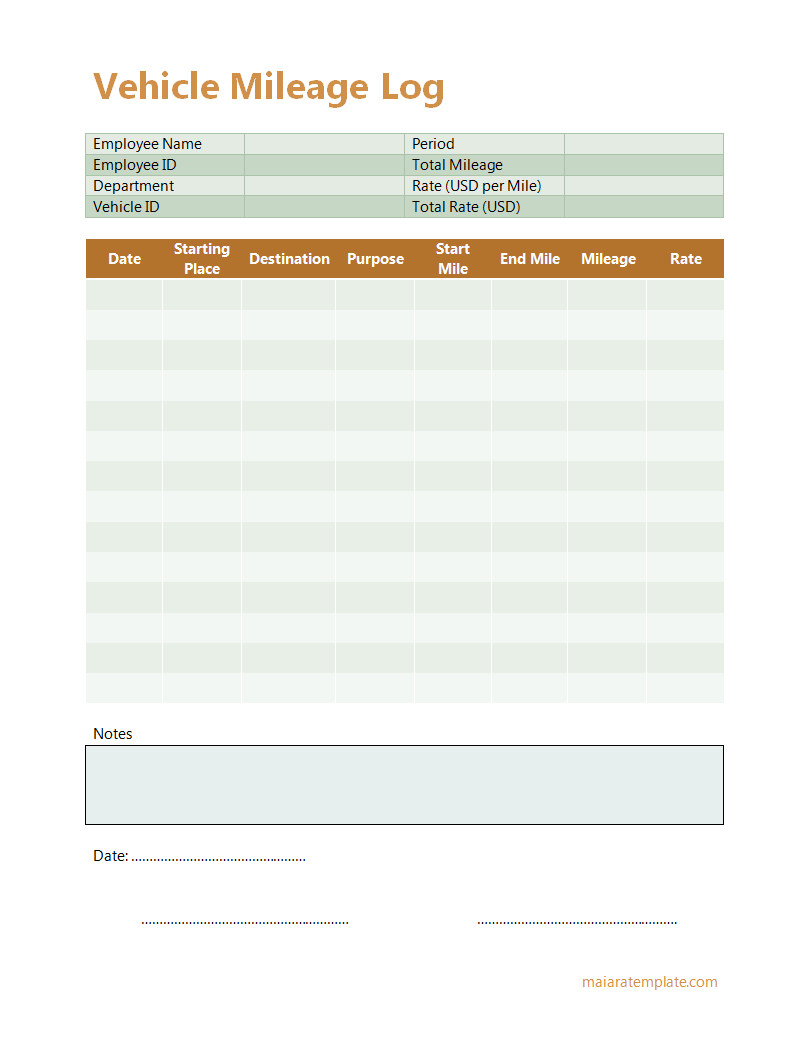 Detailed vehicle mileage log template with columns for date, destination, starting and ending odometer readings.