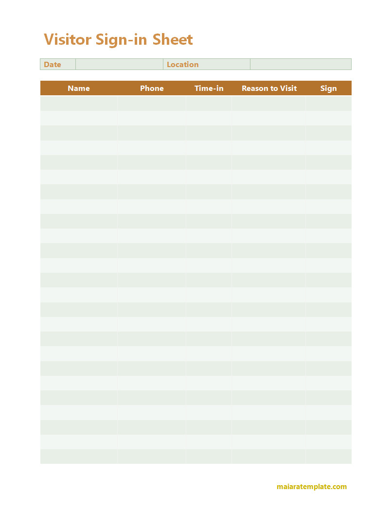 Visitor sign-in sheet template with columns for name, date, time in, and purpose of visit.