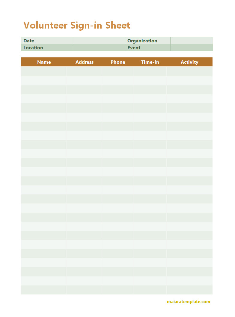 Simple volunteer sign-in sheet template designed to track participant names, arrival times, and tasks completed.