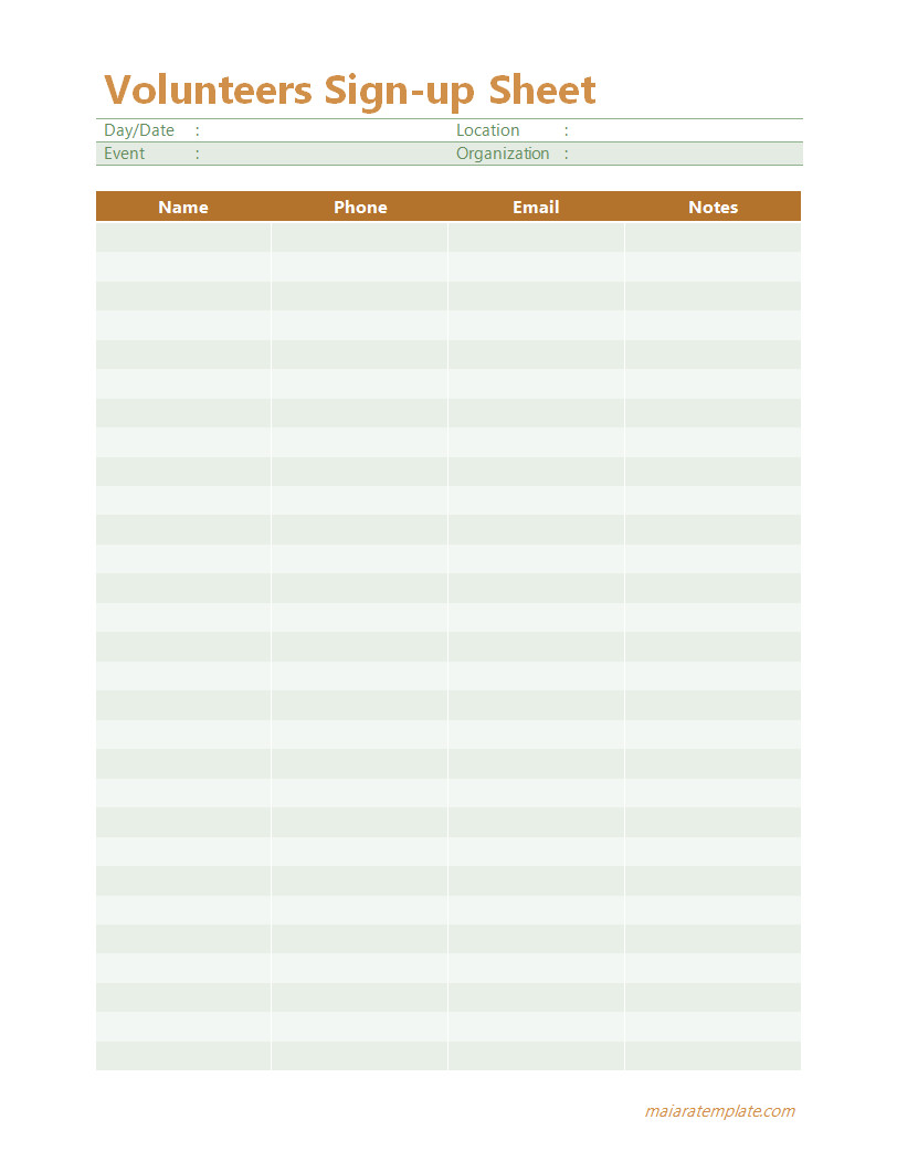 Simple volunteer sign-up sheet template featuring a clean layout with sections for volunteer names, contact information, and preferred tasks.