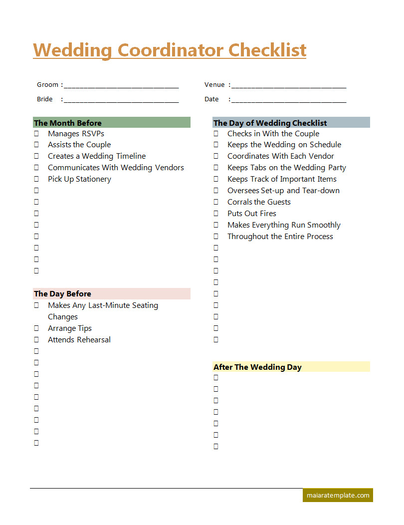 Wedding Coordinator Checklist Template with Sections for Pre-Wedding Tasks, Vendor Management, and Day-of Details