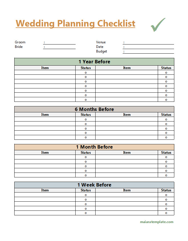 Comprehensive wedding planning checklist template outlining key milestones and to-dos leading up to the big day.