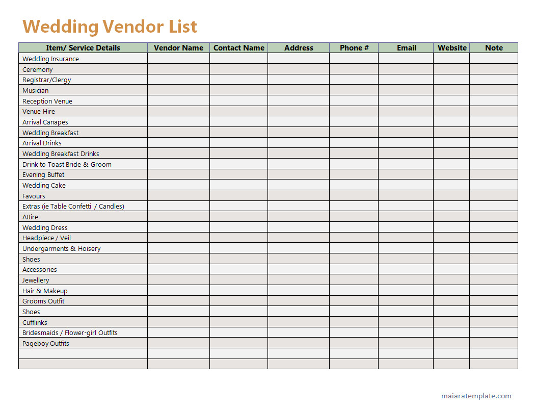 Wedding Vendor List Template with Sections for Vendor Names, Contact Information, and Services Provided