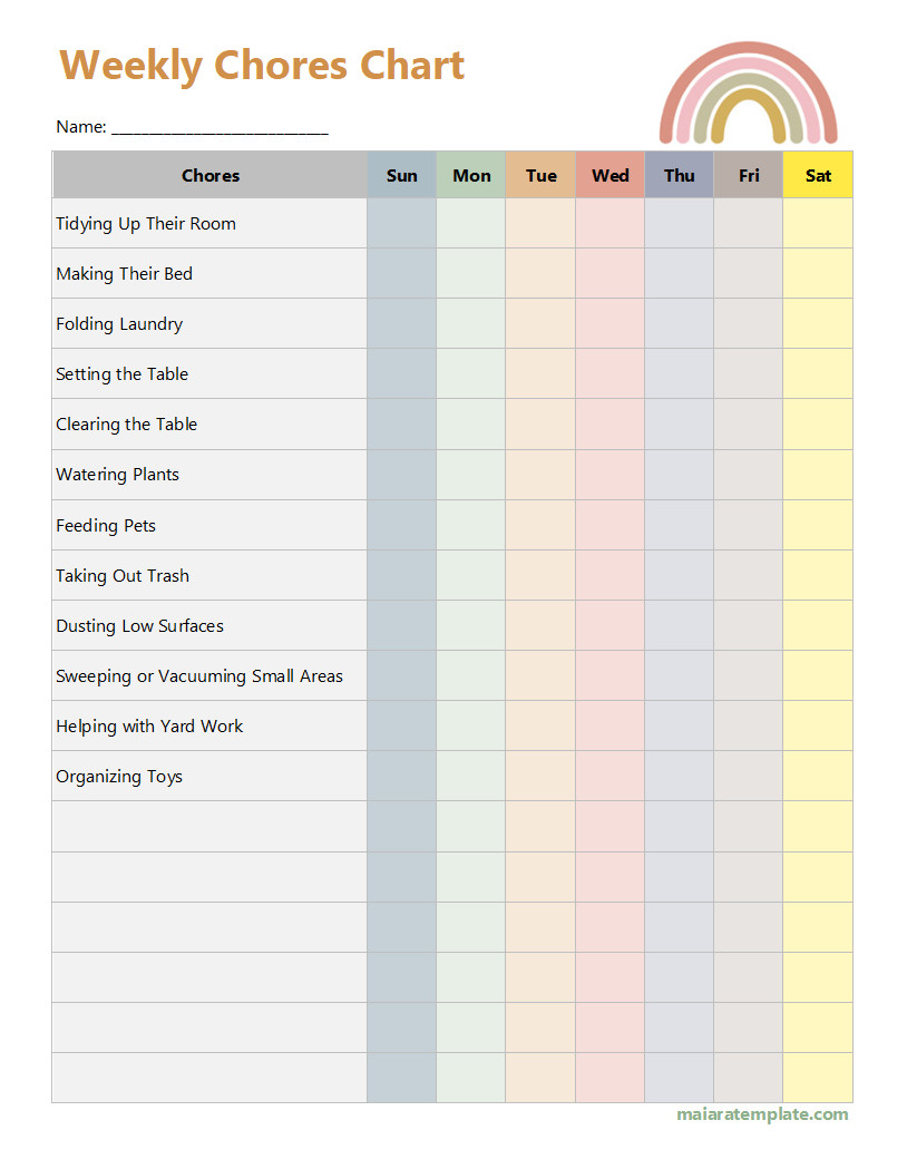 Sample Weekly Chore Chart Template Featuring Columns for Each Day of the Week and Chore Assignments