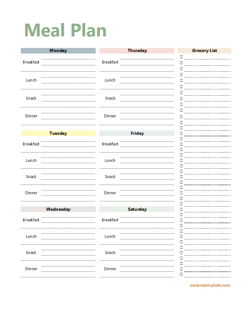 Sample Weekly Meal Planner Template Featuring Fields for Breakfast, Lunch, Dinner, and Snacks