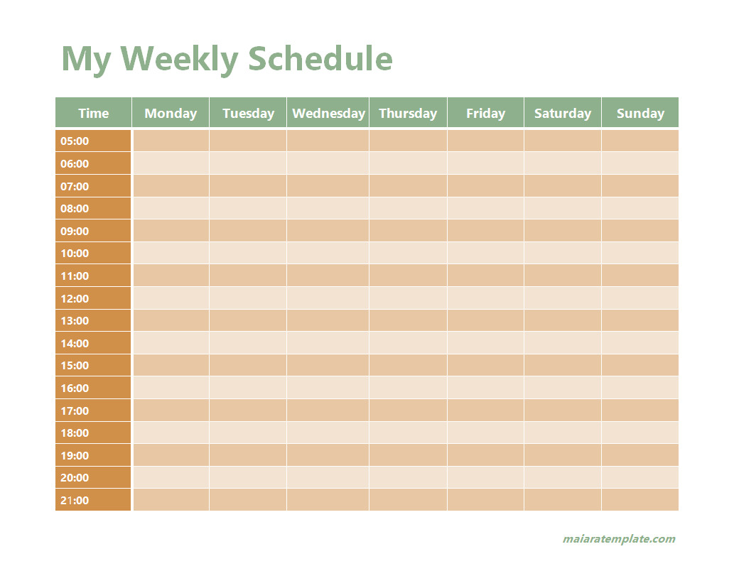 Editable Weekly Schedule Template with Hours Listed for Each Day, Allowing Easy Time Management and Planning