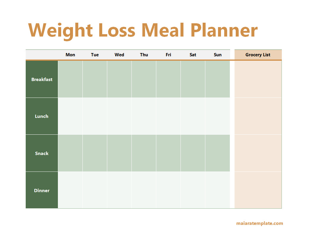 Sample Weight Loss Meal Planner Template Featuring Fields for Breakfast, Lunch, Dinner, Snacks, and Shopping List.